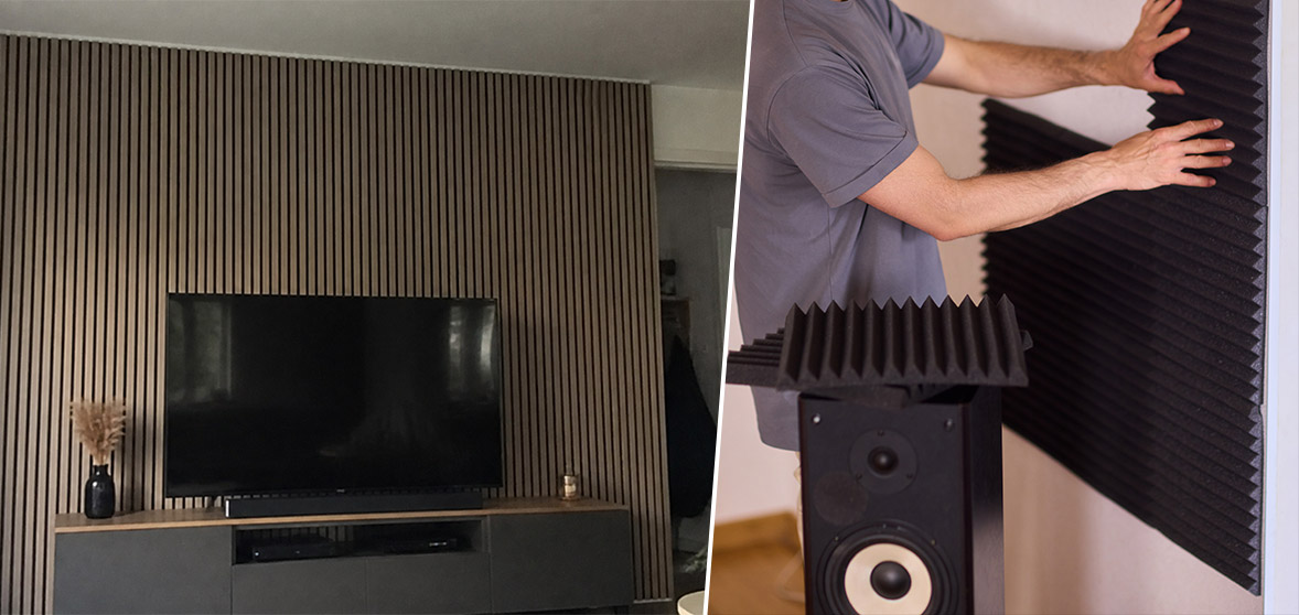 Akustikpaneele hinter einem Fernseher (KI-generiert), Akustikschaumstoff